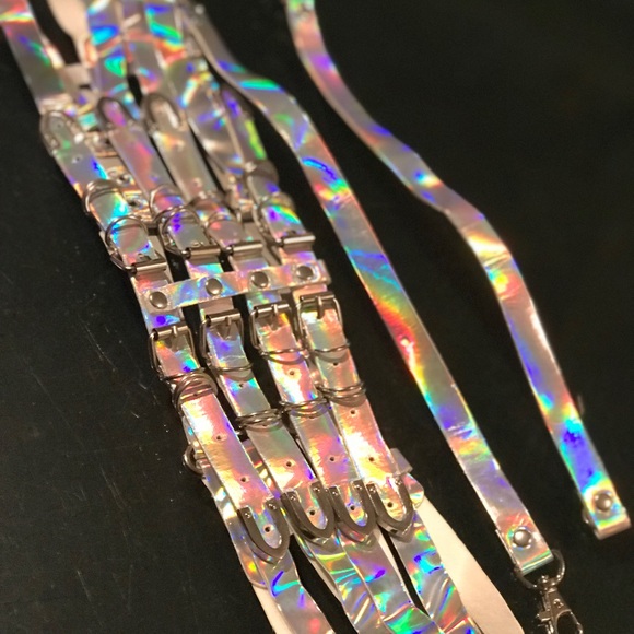 Holographic iridescent strap top belt buckle rave goth bikini festival sexy punk - Picture 2 of 7